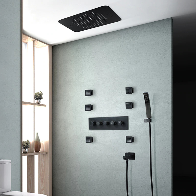 Phone Controlled Fontana Valence Ceiling Mount Matte Black Thermostatic Music Smart LED Rain Shower Panel System With Massage Jets And Hand Sprayer
